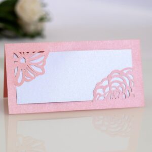 Laser Cut Rose Place Cards Pink Tented Name Card Folded Cards Blank Cardstock,Hollow Name Seat Card for Wedding, Banquet tables,Table Setting, Buffet, Baby Shower, Bridal Shower (50 Pcs)