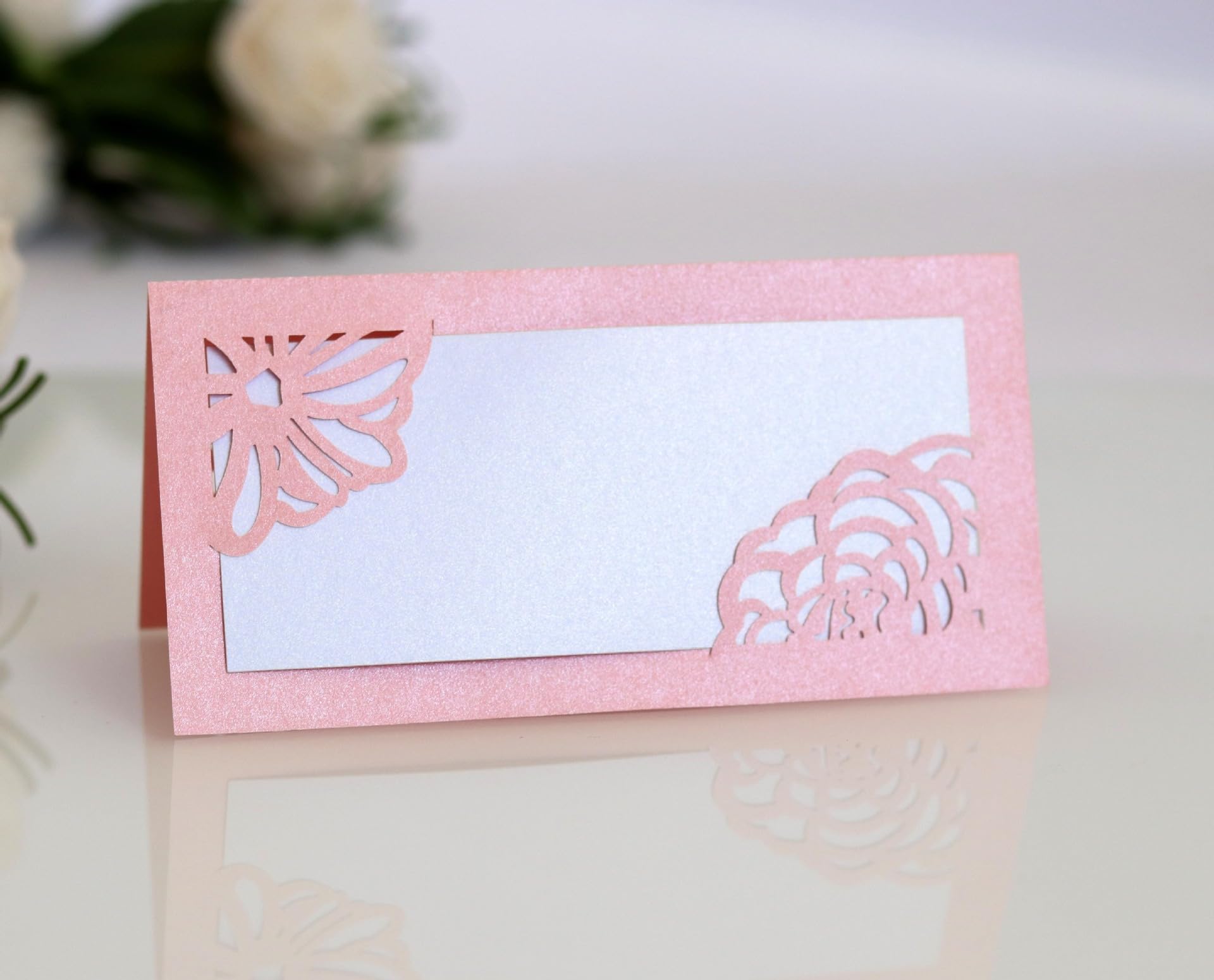 Laser Cut Rose Place Cards Pink Tented Name Card Folded Cards Blank Cardstock,Hollow Name Seat Card for Wedding, Banquet tables,Table Setting, Buffet, Baby Shower, Bridal Shower (50 Pcs)