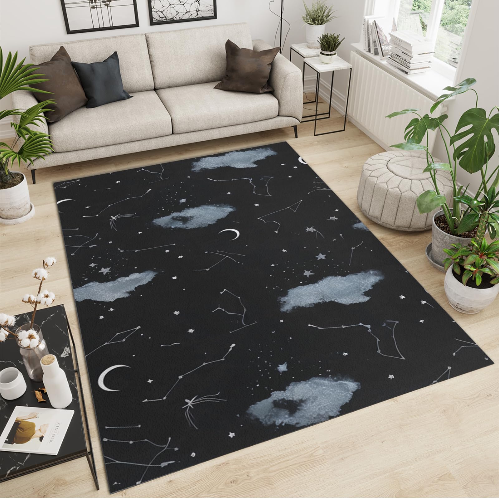 Astronomy Constellations Area Rug, Black Background Indoor Non Slip Kids Rugs, Low Pile Foldable Home Decor Carpet for Living Room Bedroom Children's Room Dormitory Floor Mat - 2 ft x 3 ft