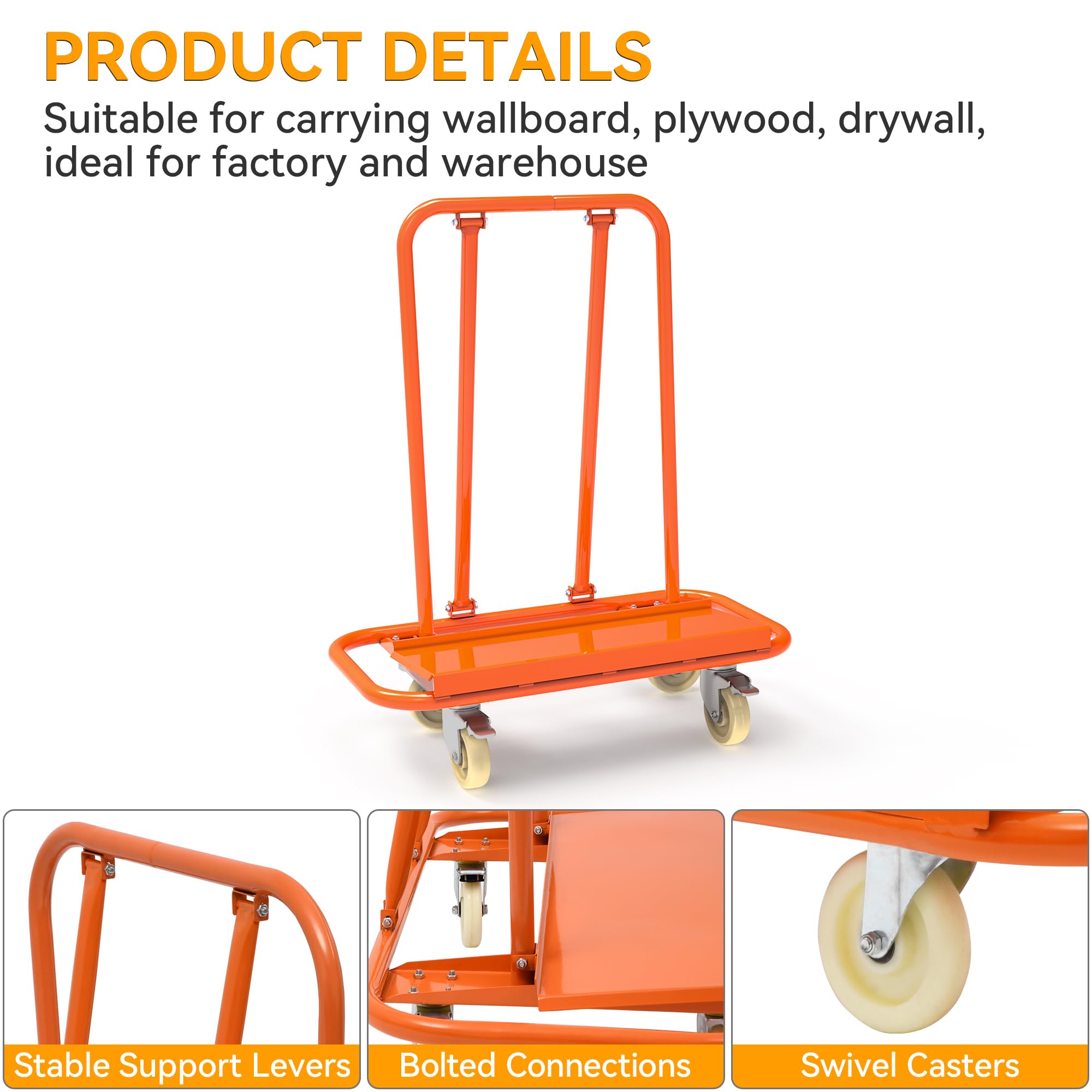 YINTATECH 3000lbs Drywall Cart Dolly, Heavy Duty Drywall Sheet Cart with 4 Swivel Wheels, Orange