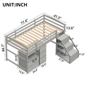 TURRIDU Low Loft Bed with Pullable Storage Staircase and 2 Cabinet, Wooden Stairway Loft Bed with Drawers and Shelves, Twin Size Bed Frame for Girls, Boys, Teens, No Box Spring Needed