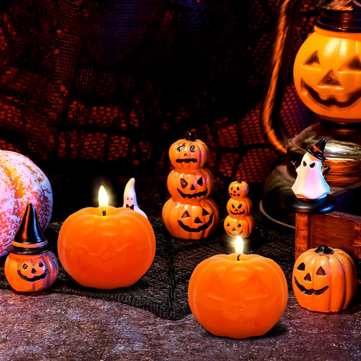 Large Halloween Pumpkin Candle Set - 6 Pack, Jack-O'-Lantern Shaped, Festive Orange Wax Candles for Spooky Home Decor, Parties, and Halloween Celebrations