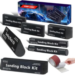 【upgrade】sanding block kit 7pc with tearblock and sandpaper, wet or dry auto body sanding blocks for automotive woodworking bodywork, light, hard, flexible