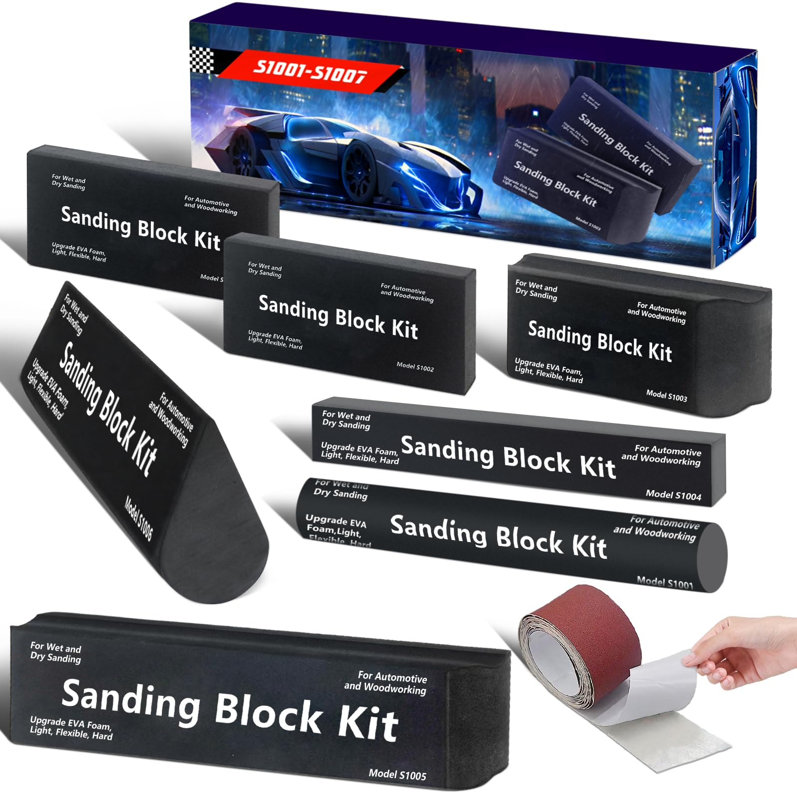 【Upgrade】Sanding Block Kit 7PC with TearBlock and Sandpaper, Wet or Dry Auto Body Sanding Blocks for Automotive Woodworking Bodywork, Light, Hard, Flexible