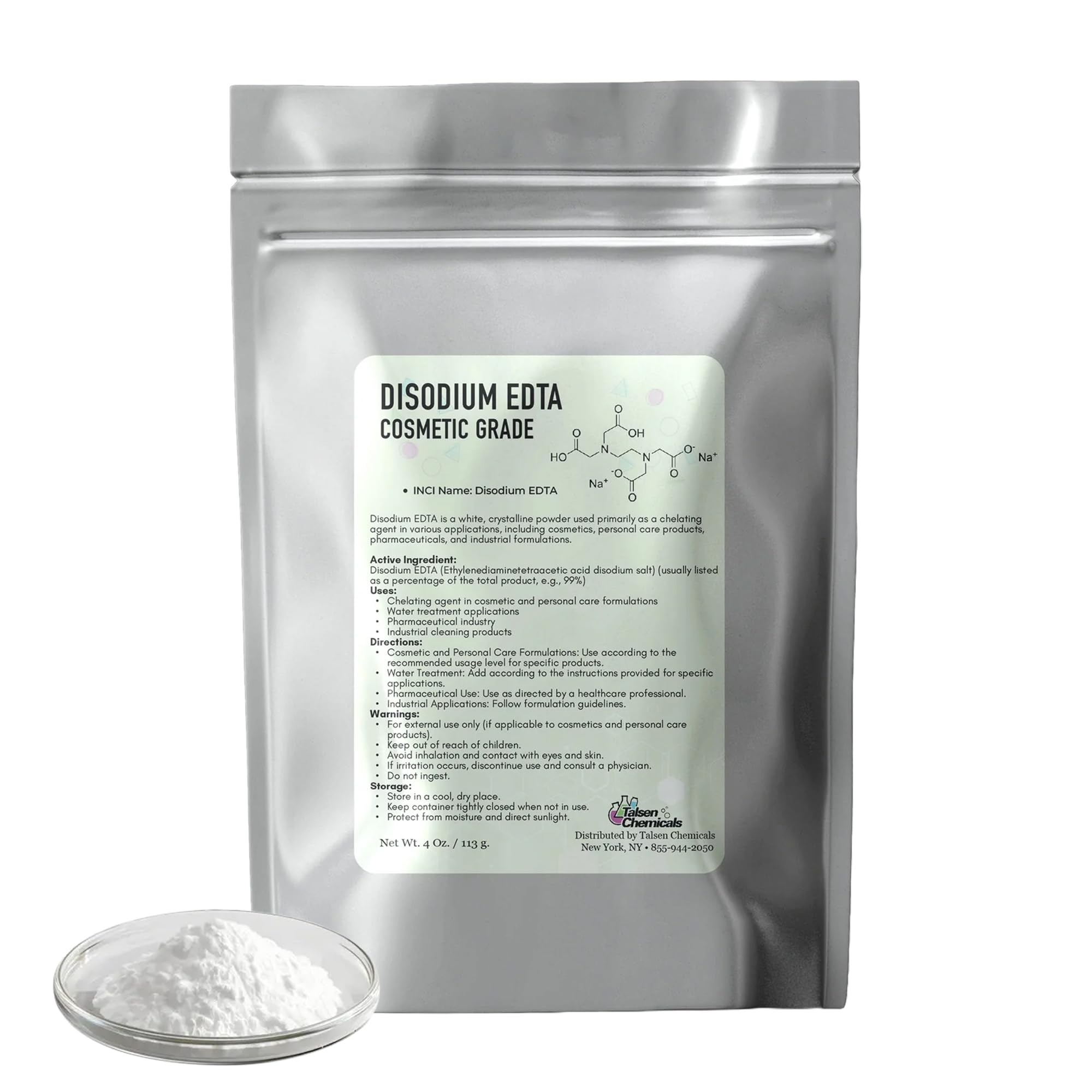 Talsen Chemicals Disodium EDTA Powder Cosmetic Grade 8 Oz / 226 Grams - Organic Chelating Agent for Industrial, Cosmetic & Laboratory - Edta Chelation Stabilizes Formulations & Enhances Performance