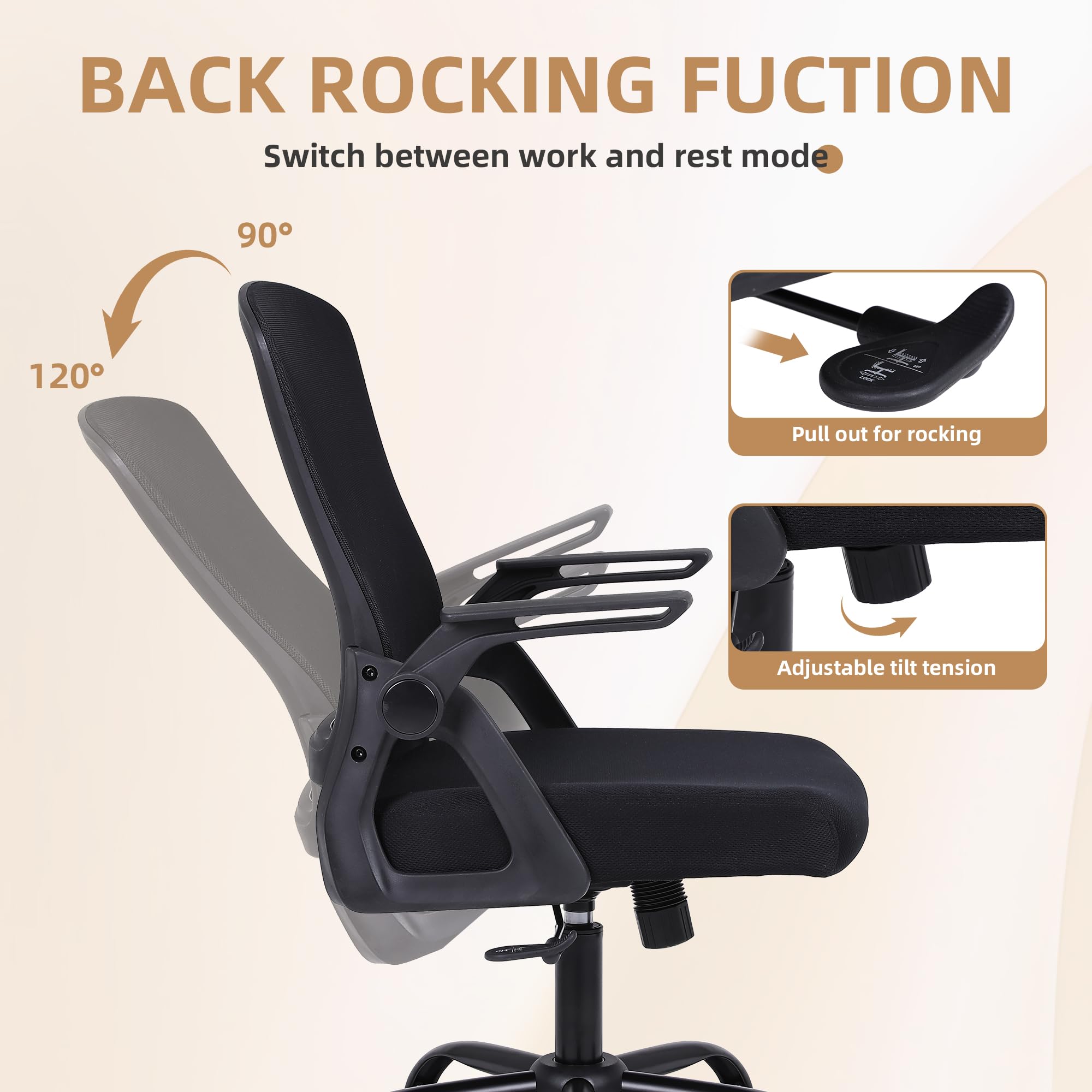 Ermnois Office Chair, Ergonomic Desk Chair with Lumbar Support, Breathable Mesh Chair with Flip-up Armrests and Mid Back, Comfy Task Computer Height Adjustable Swivel Chair (1, Black)