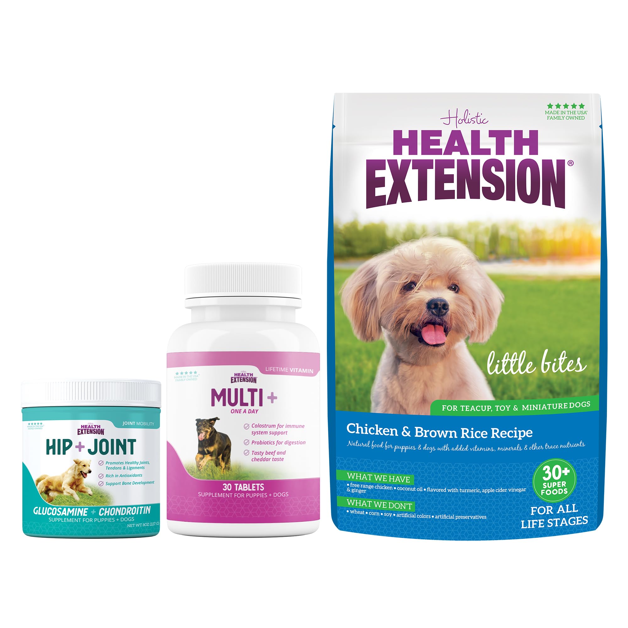 Health Extension Dog Health and Nutrition Bundle - Multivitamin (30 Tablets), Little Bites Dry Dog Food Chicken & Brown Rice Recipe (4 Lbs), Joint & Hip Supplement Cheese Flavored Powder (16oz)