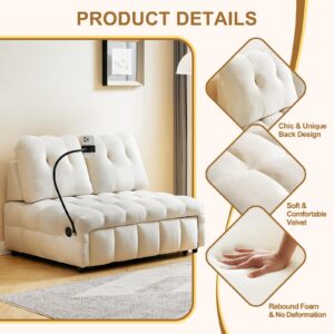 48" Pull Out Sofa Bed, Modern Convertible Sofa Bed Couch with Removale Back, Velvet Cloud Sofa with USB Port and Swivel Phone Stand, Suitable for Living Room, Apartment, Small Place - Beige