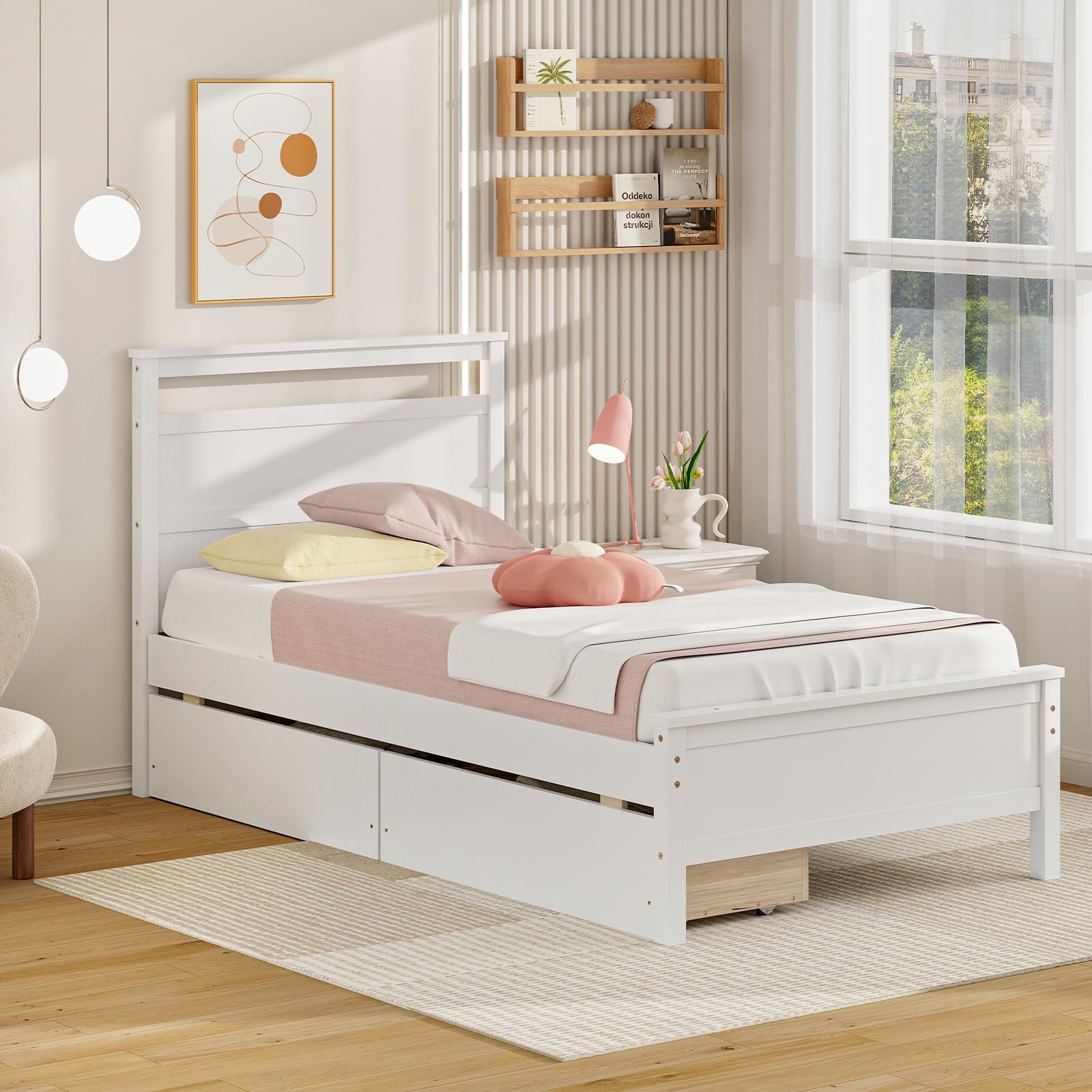 Giantex Wood Twin Bed with 2 Storage Drawers, Solid Wood Platform Bed with Headboard, Single Bed Wooden Slats Support, No Spring Needed, Twin Bed Frame for Kids, Teens, Adults (White)