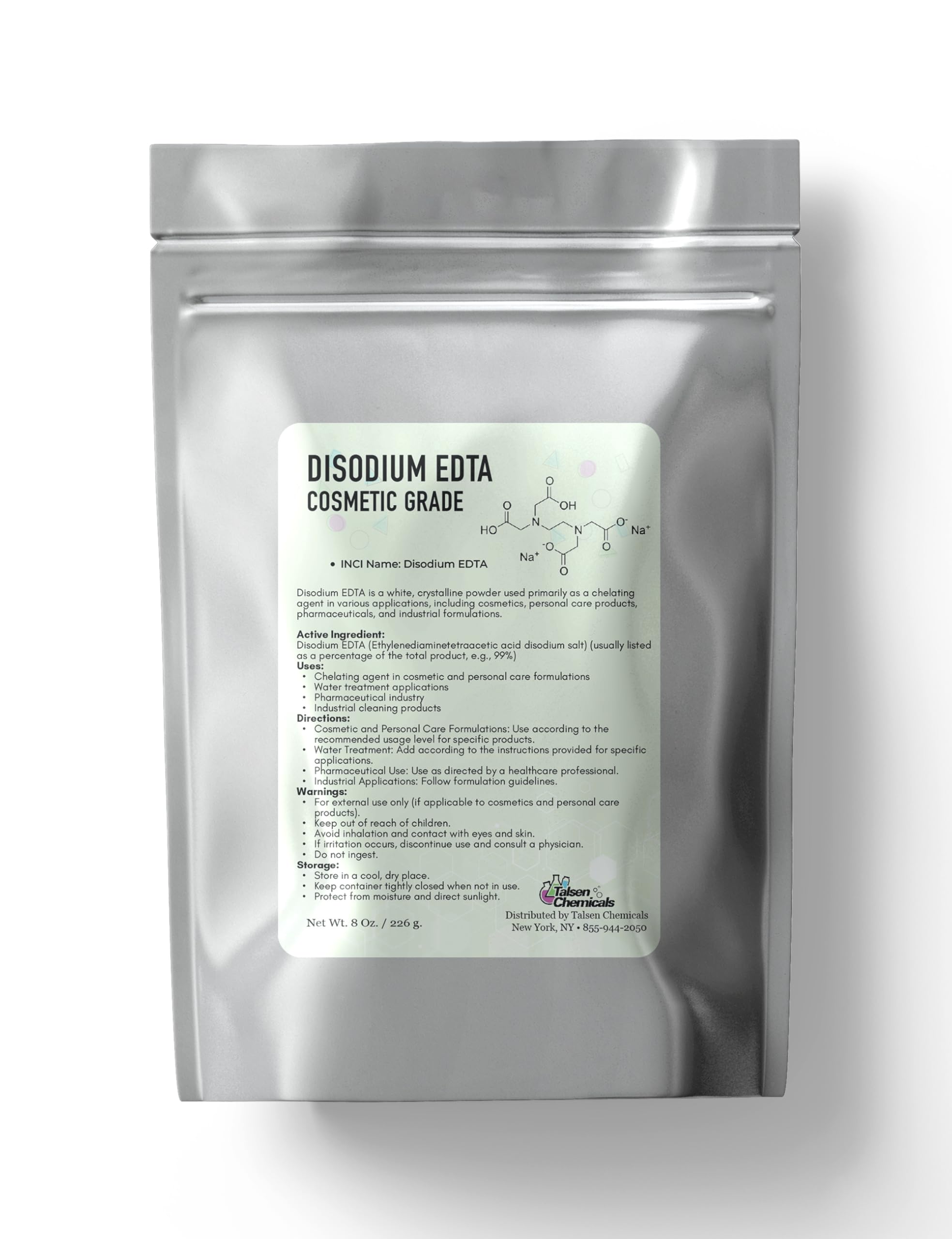 Talsen Chemicals Disodium EDTA Powder Cosmetic Grade 8 Oz / 226 Grams - Organic Chelating Agent for Industrial, Cosmetic & Laboratory - Edta Chelation Stabilizes Formulations & Enhances Performance