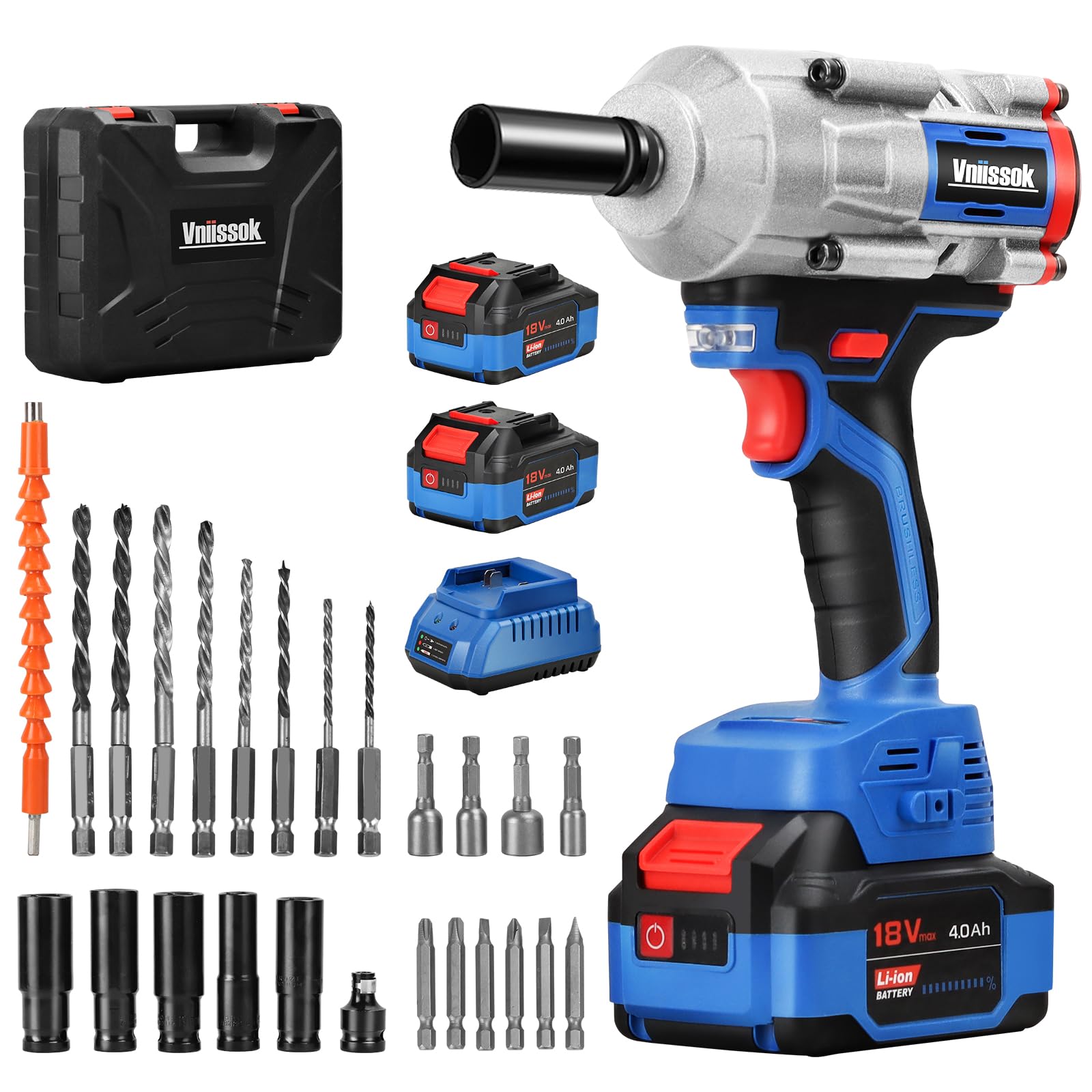 Vniissok Cordless Impact Wrench, 1000N.m(740ft-lbs) High Torque Brushless Impact Gun with 2 x 4.0Ah Batteries, Electric Impact Driver for Car Tires Truck Mower