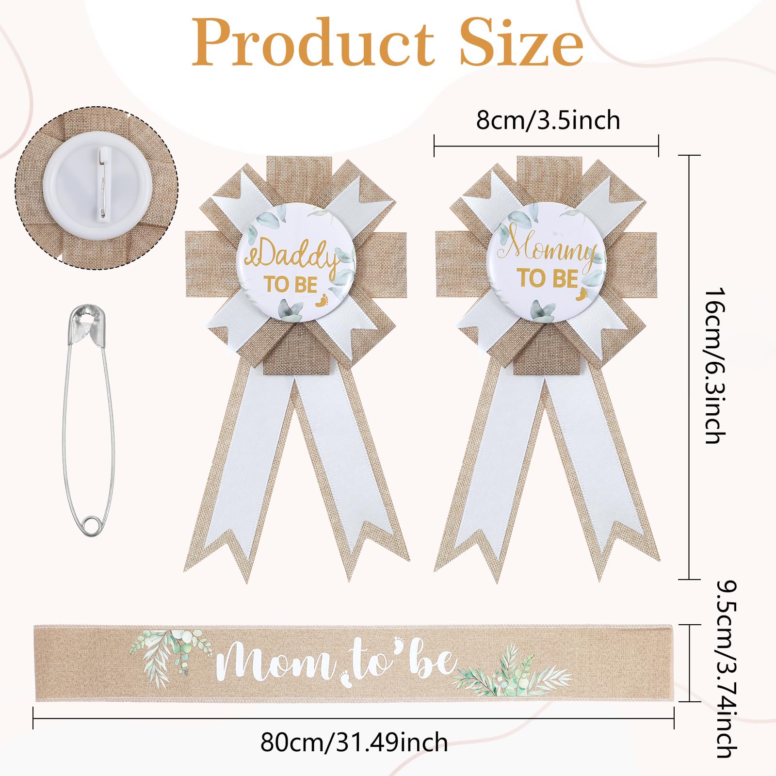 Neutral Sage Green Mom to Be Sash Baby Shower Decorations Dad to Be Pin, Rustic Boho Mommy to Be Sash Baby Shower Corsage Pin Set for Pregnant Mommy Gift Props Keepsake Gifts Party Decorations