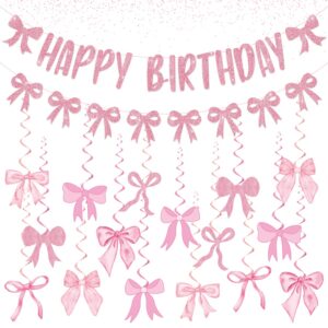 pink bow birthday decorations, glitter coquette happy birthday banner, girl cute themed birthday party decorations with happy birthday banner bow garland and hanging swirls decor supplies