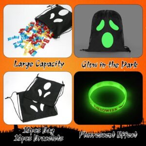 32 Pcs Halloween Treat Bags Set with 16Pcs Halloween Glow in The Dark Ghost Trick or Treat Bag for Ghost Candy Drawstring Backpack Bags and 16Pcs Halloween Glow Silicone Bracelets for Party Supplies