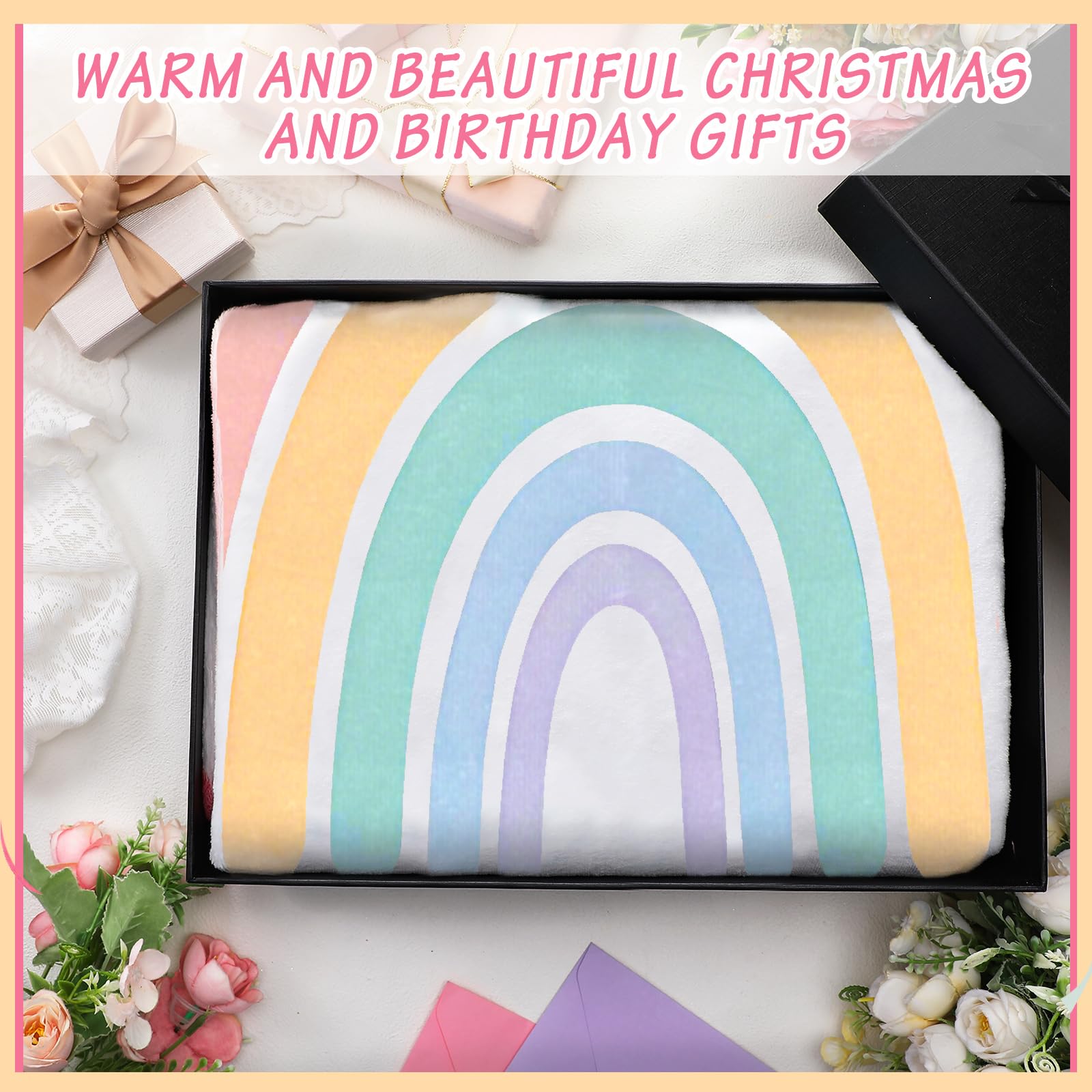 Vincreem Rainbow Blanket for Teen Girls Boho Flannel Rainbow Blanket Plush Soft Pastel Rainbow Blanket Decor for Teen Girl Room Bed 60 x 50 Inch