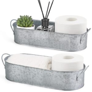 mkono metal storage basket for toilet tank top bathroom decor, galvanized tray with handle for shelves, farmhouse toilet paper holder organizing bin box for countertop living room, set of 2, silver