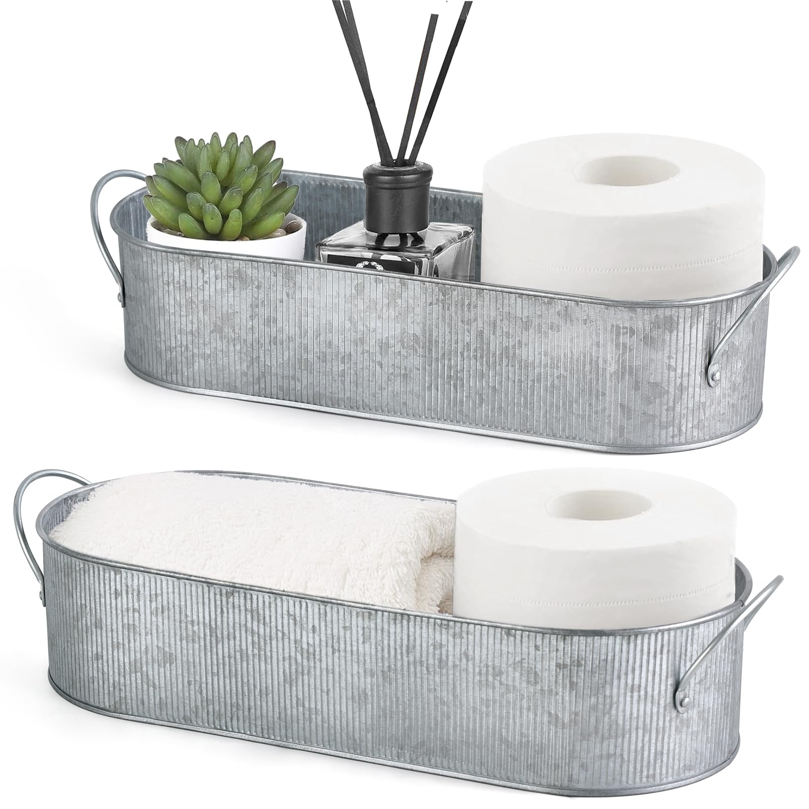 Mkono Metal Storage Basket for Toilet Tank Top Bathroom Decor, Galvanized Tray with Handle for Shelves, Farmhouse Toilet Paper Holder Organizing Bin Box for Countertop Living Room, Set of 2, Silver