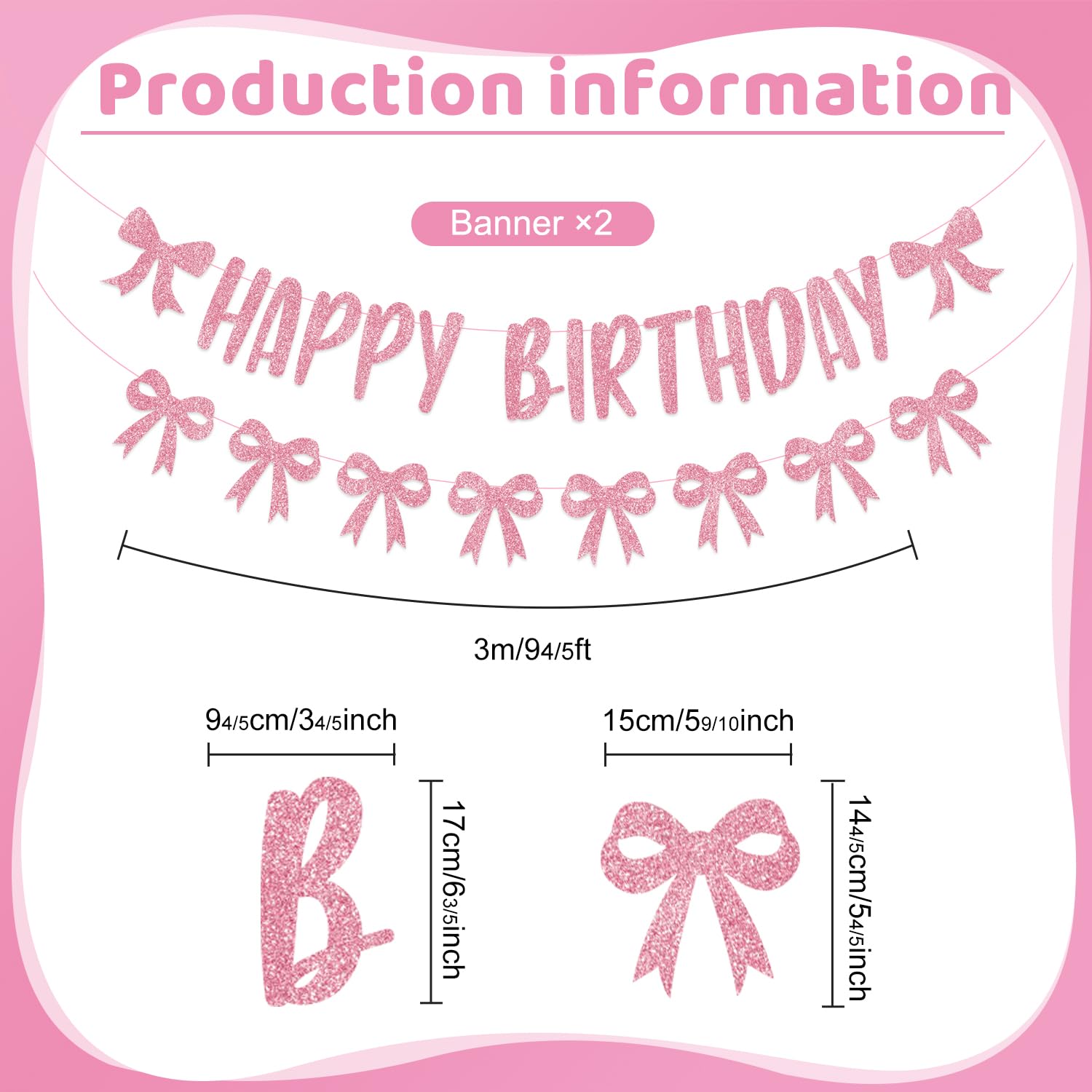 Pink Bow Birthday Decorations, Glitter Coquette Happy Birthday Banner, Girl Cute Themed Birthday Party Decorations With Happy Birthday Banner Bow Garland and Hanging Swirls Decor Supplies