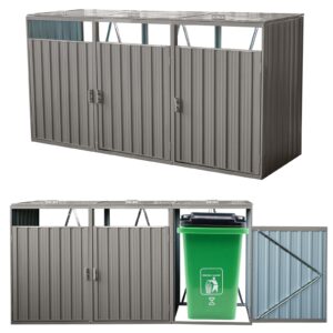 outdoor trash can storage 3 bins,garbage bin storage shed with waterproof metal,suitable for garden yard(light grey-3 doors)