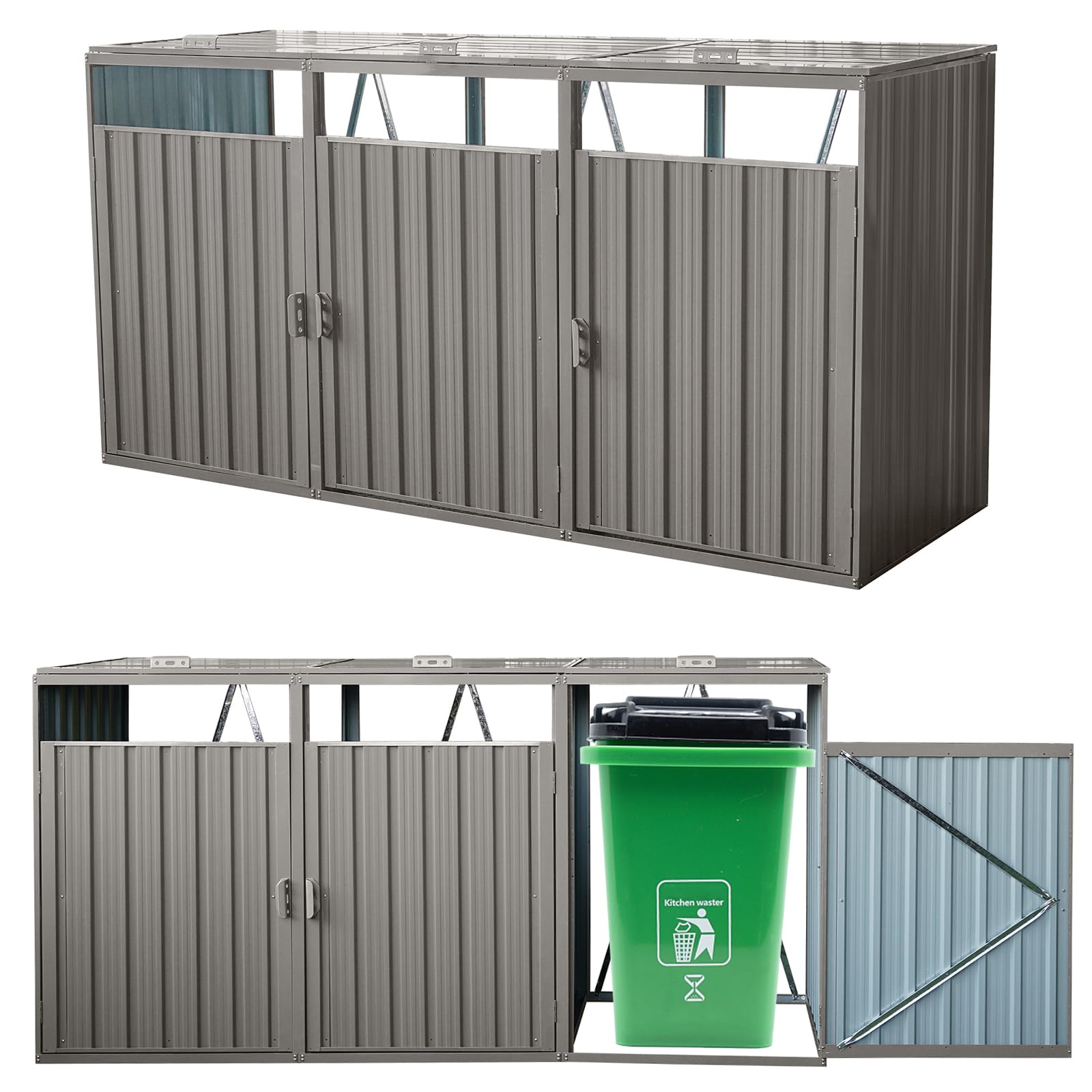 Outdoor Trash Can Storage 3 Bins,Garbage Bin Storage Shed with Waterproof Metal,Suitable for Garden Yard(Light Grey-3 Doors)