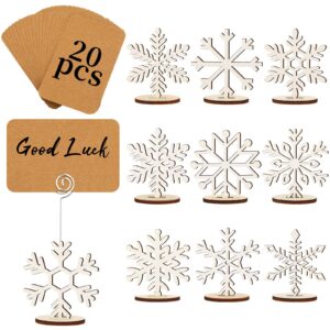 funnymoom 20 pcs christmas wood place card holders stand display and 20 pcs kraft place cards santa snowman elk star number name photo picture clip holder for xmas party table decoration (snowflake)