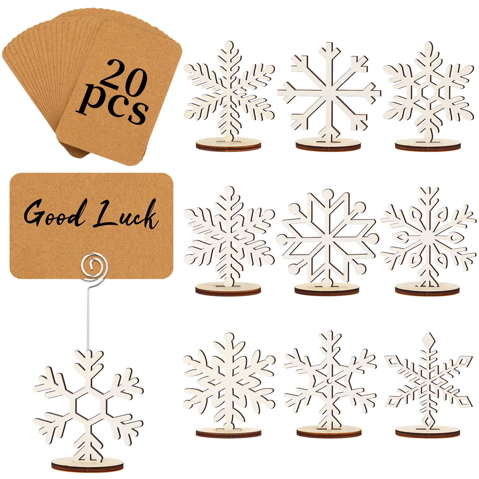 Funnymoom 20 Pcs Christmas Wood Place Card Holders Stand Display and 20 Pcs Kraft Place Cards Santa Snowman Elk Star Number Name Photo Picture Clip Holder for Xmas Party Table Decoration (Snowflake)