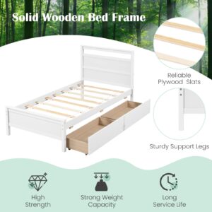 Giantex Wood Twin Bed with 2 Storage Drawers, Solid Wood Platform Bed with Headboard, Single Bed Wooden Slats Support, No Spring Needed, Twin Bed Frame for Kids, Teens, Adults (White)