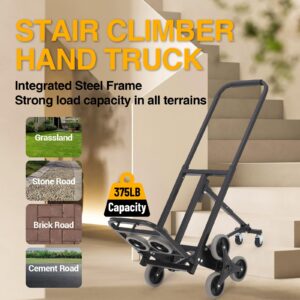 JustSmart Stair Climbing Hand Truck Cart, 375 LBS Capacity Steel Folding Dolly Cart for Stairs, Heavy Duty Stair Climber Trolley with Support Arm and 10 TPR Silent Wheels for Shopping Moving