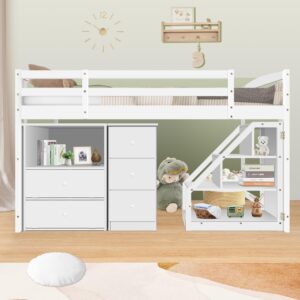 TURRIDU Low Loft Bed with Pullable Storage Staircase and 2 Cabinet, Wooden Stairway Loft Bed with Drawers and Shelves, Twin Size Bed Frame for Girls, Boys, Teens, No Box Spring Needed