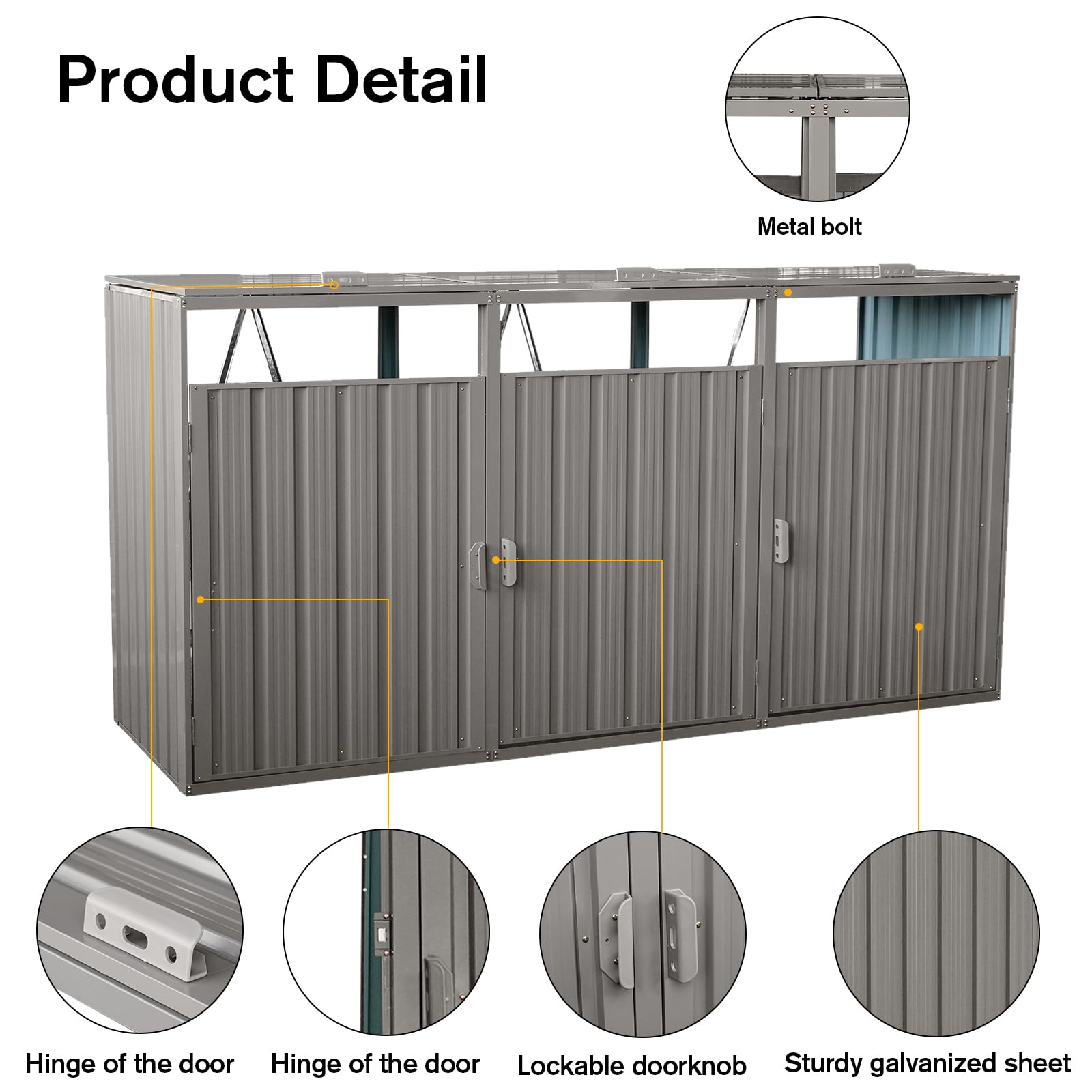 Outdoor Trash Can Storage 3 Bins,Garbage Bin Storage Shed with Waterproof Metal,Suitable for Garden Yard(Light Grey-3 Doors)