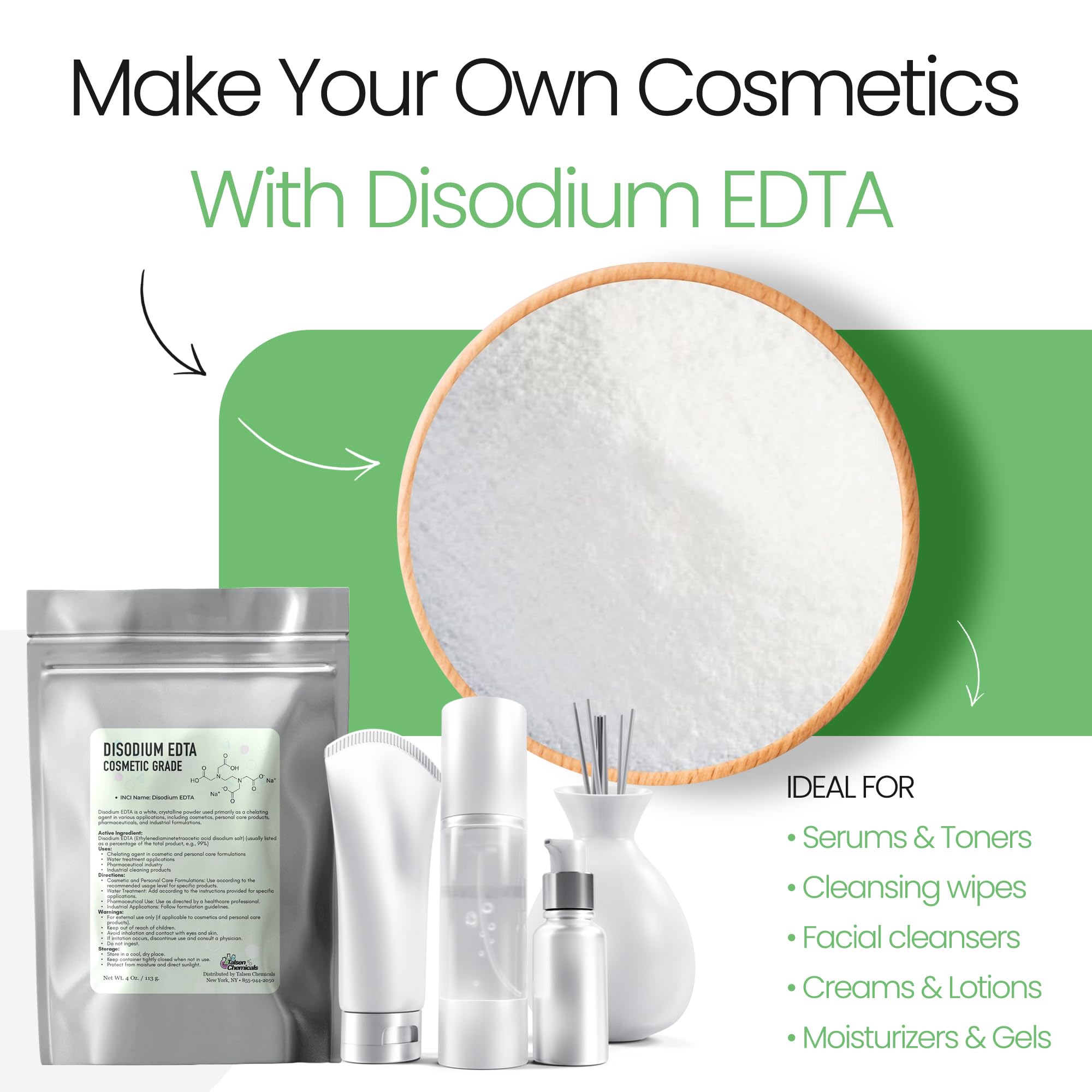 Talsen Chemicals Disodium EDTA Powder Cosmetic Grade 8 Oz / 226 Grams - Organic Chelating Agent for Industrial, Cosmetic & Laboratory - Edta Chelation Stabilizes Formulations & Enhances Performance