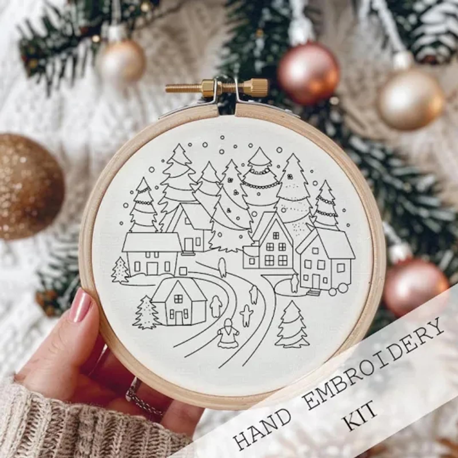 TINLOK Christmas Embroidery KIT,Adults Kids DIY Handmade,Hand Embroidery Starter Kits with Stamped Embroidery Pattern,for Christmas Embroidery Kits for Adults Beginners Starter (C)