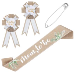 neutral sage green mom to be sash baby shower decorations dad to be pin, rustic boho mommy to be sash baby shower corsage pin set for pregnant mommy gift props keepsake gifts party decorations