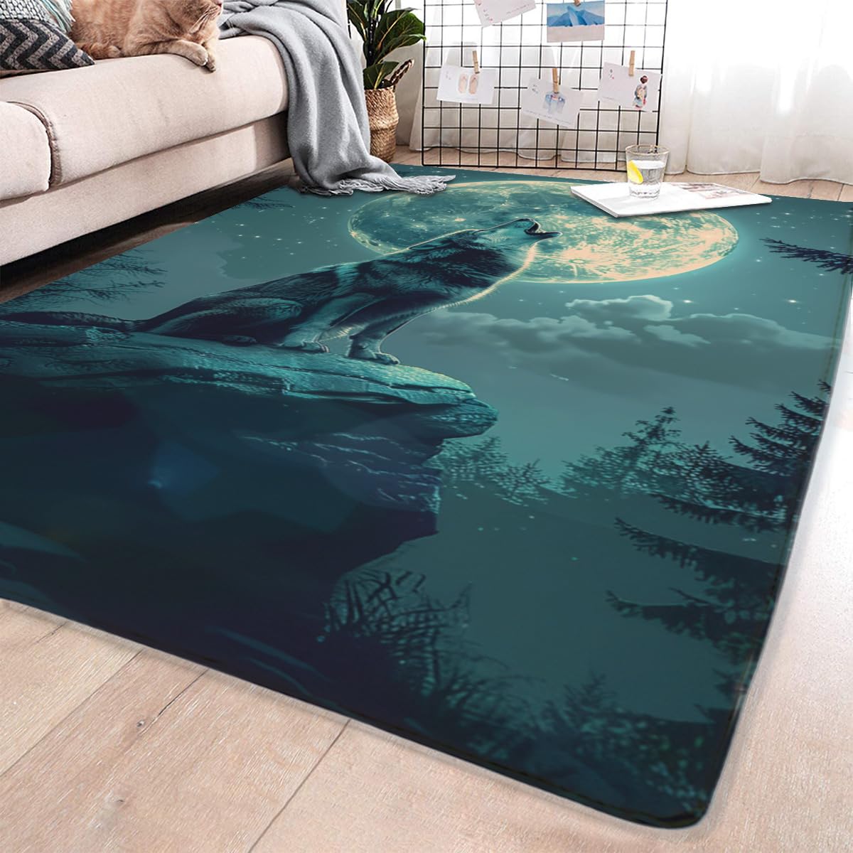 Kroveiu Wolf Theme Rugs for Home use, Super Soft Non-Slip Washable Rugs, Howling Moon Wolf Rugs at Night Wolf Series Rugs, Wolf Rugs can be Used in Living Room Bedroom boy Gifts 24x36inch