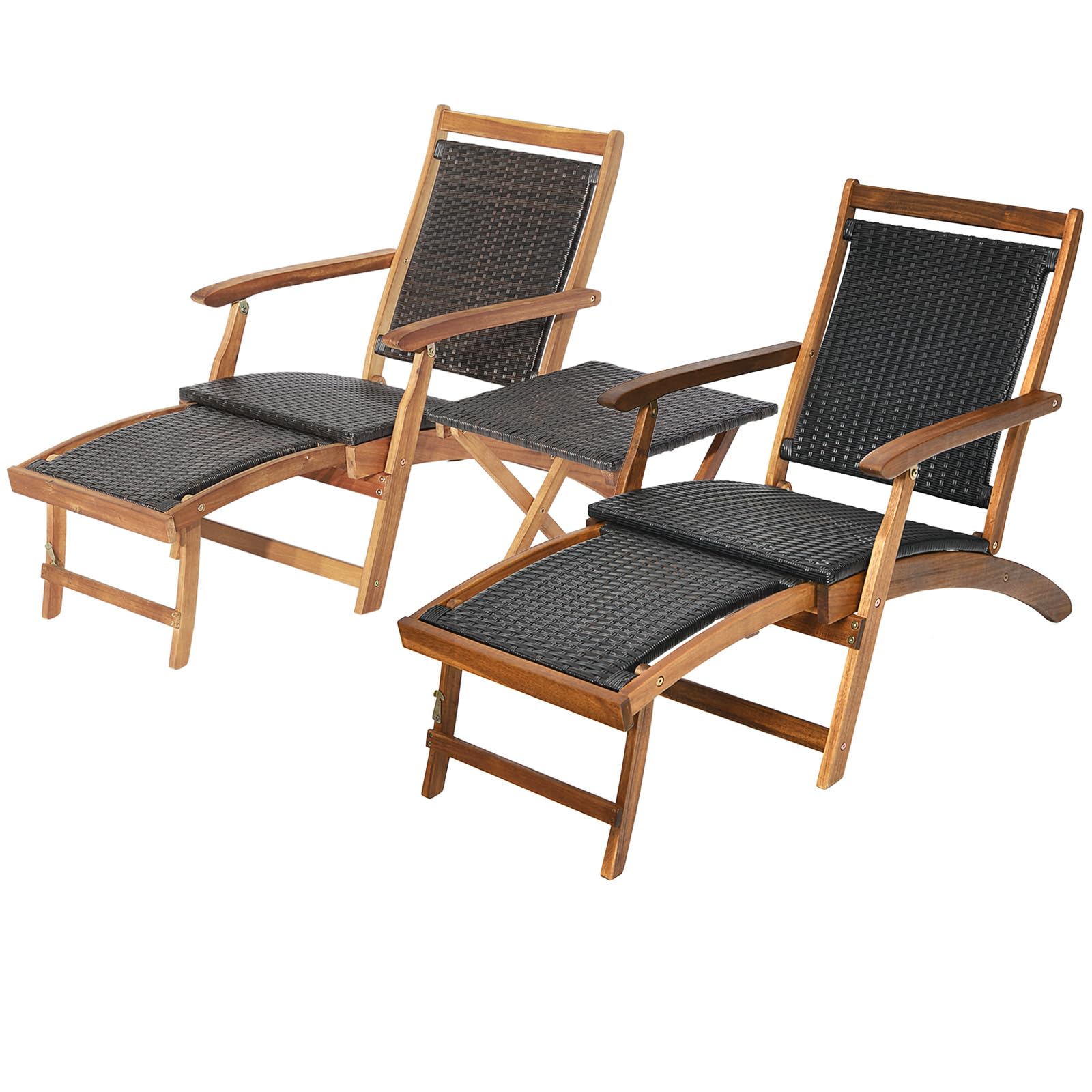 HAPPYGRILL Patio Lounge Chair Set of 3, Outdoor Acacia Wood Rattan Wicker Chaise Lounge w/Side Table, Deck Chair w/Armrest & Retractable Ottoman, for Backyard, Poolside