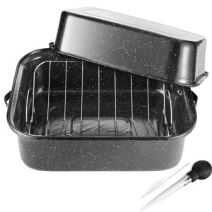 roasting pan with lid and rack, 21” rectangular roasting pan, 25lb turkey roaster pot, large oven roaster tray for baking turkey, v-rack and versatile lid bone turkey baster by jy cookment