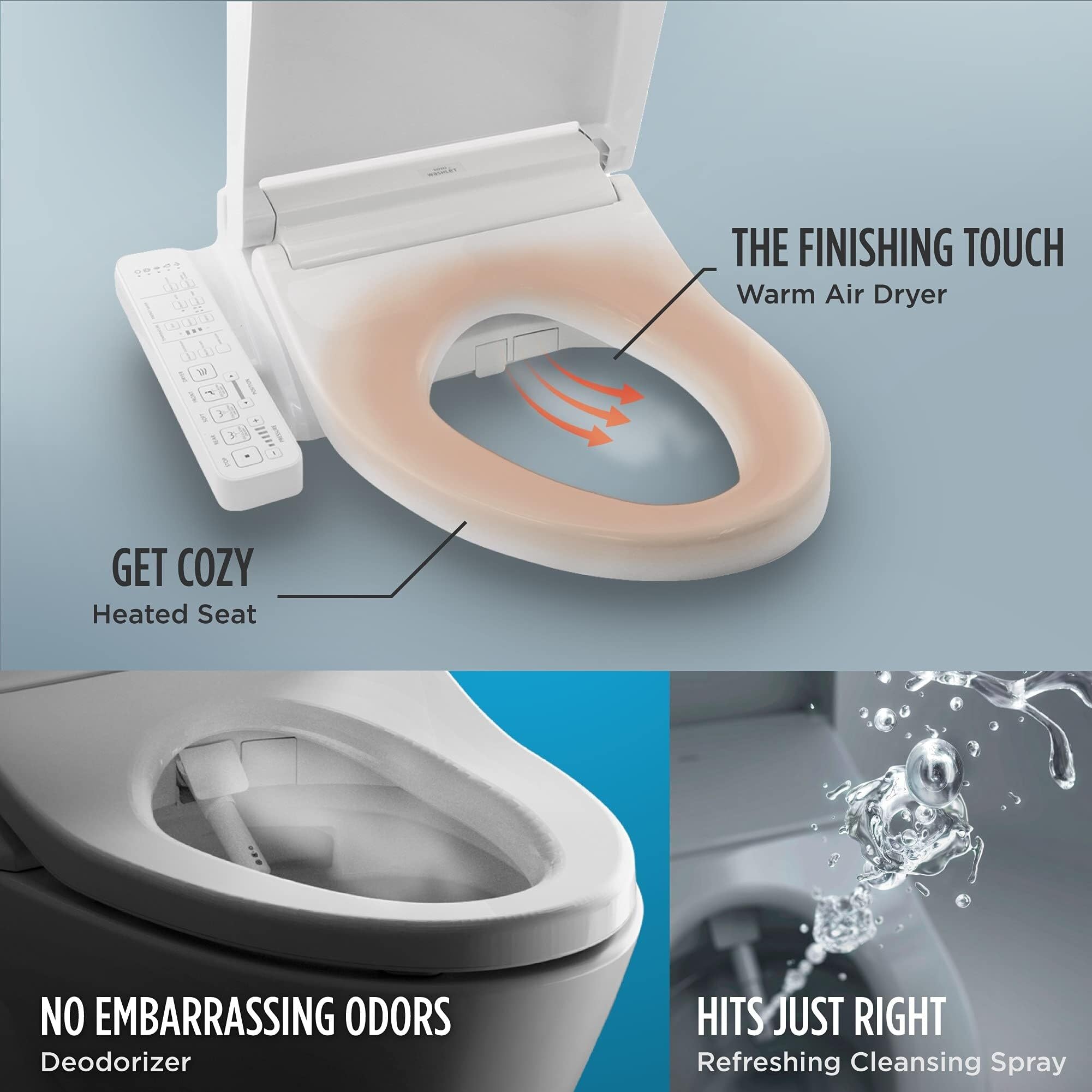 Electronic Bidet Toilet Seat with and Ewater+ Wand Cleaning Elongated Cotton White Plastic