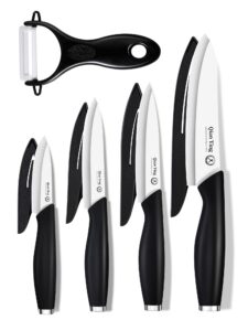 ceramic knife set for kitchen with sheath: sharp blade fruit cutting knives with cover clean cut edge black handle