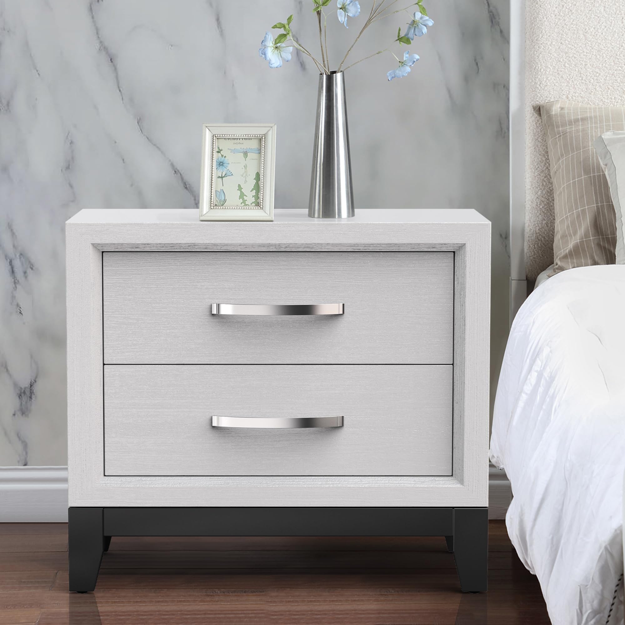 Nightstand with Drawers White Modern Wood Night Stand for Bedroom, Narrow Bdeside Table End Table for Living Room