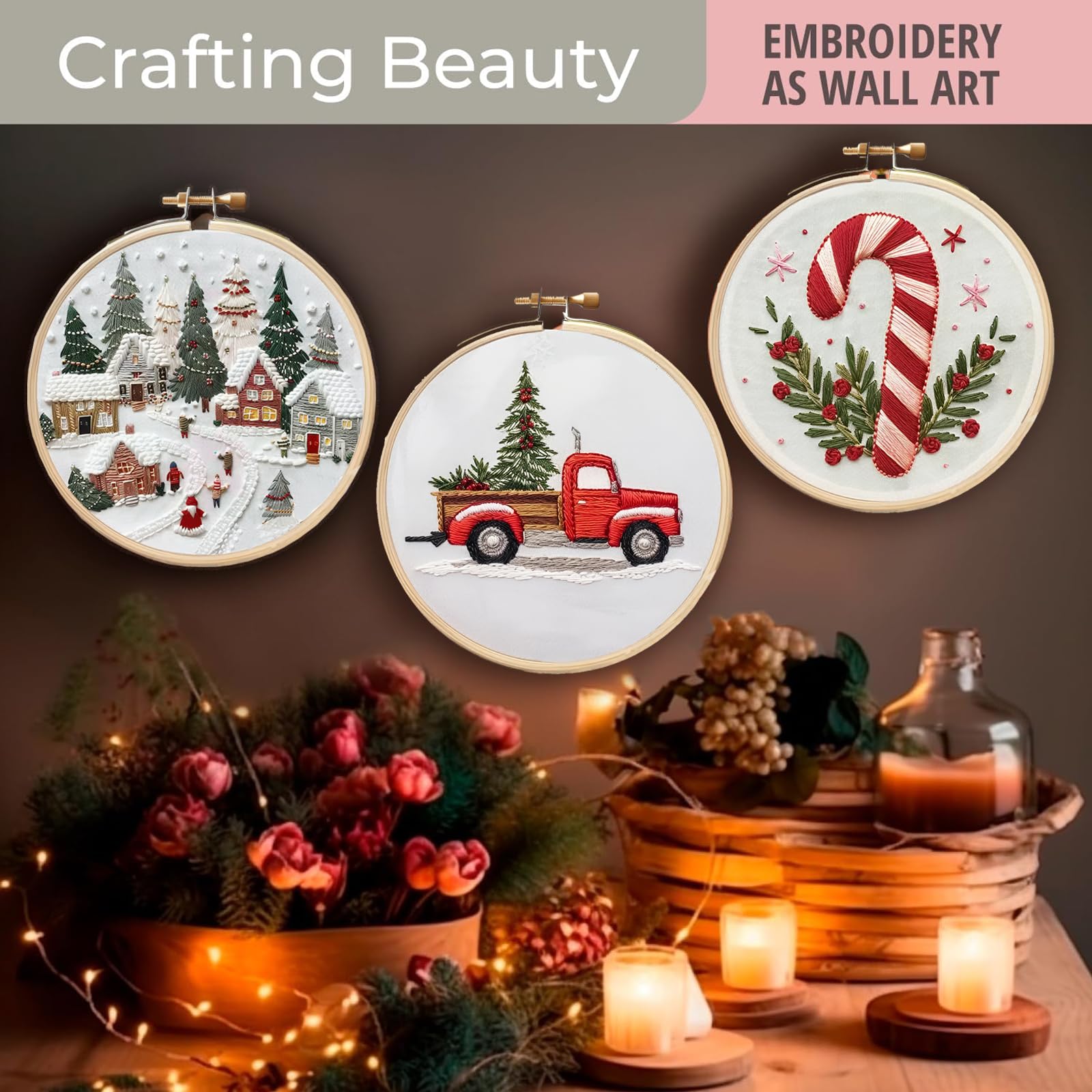 TINLOK Christmas Embroidery KIT,Adults Kids DIY Handmade,Hand Embroidery Starter Kits with Stamped Embroidery Pattern,for Christmas Embroidery Kits for Adults Beginners Starter (C)