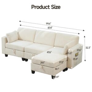 Real Relax Oversized 100'' Convertible Sectional Sofa Couch, 3 Seat L Shaped Chenille Modular Sofa with Removable Pillows and Movable Ottoman, Beige