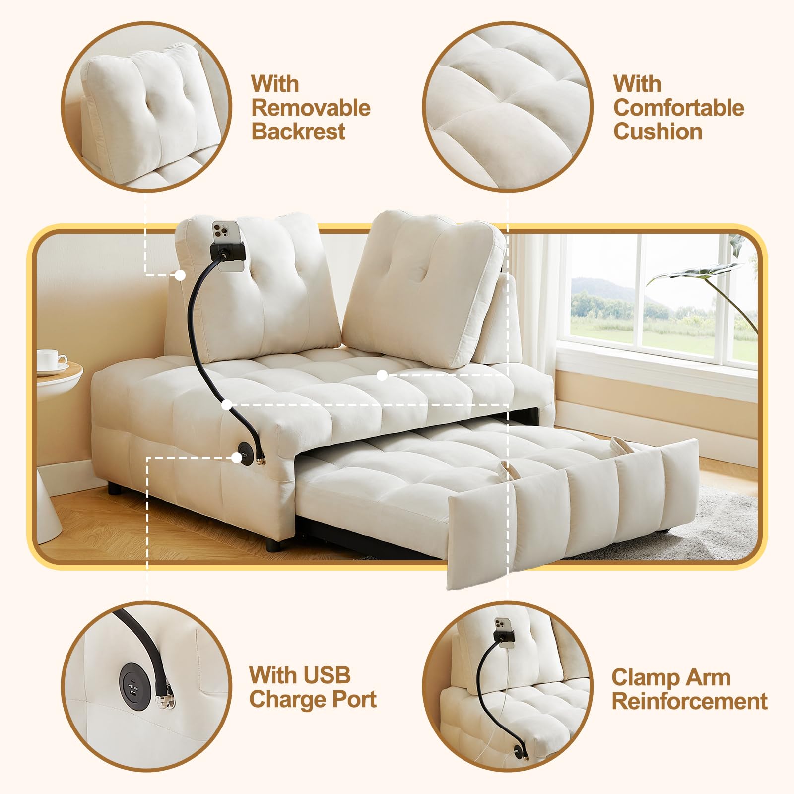 48" Pull Out Sofa Bed, Modern Convertible Sofa Bed Couch with Removale Back, Velvet Cloud Sofa with USB Port and Swivel Phone Stand, Suitable for Living Room, Apartment, Small Place - Beige