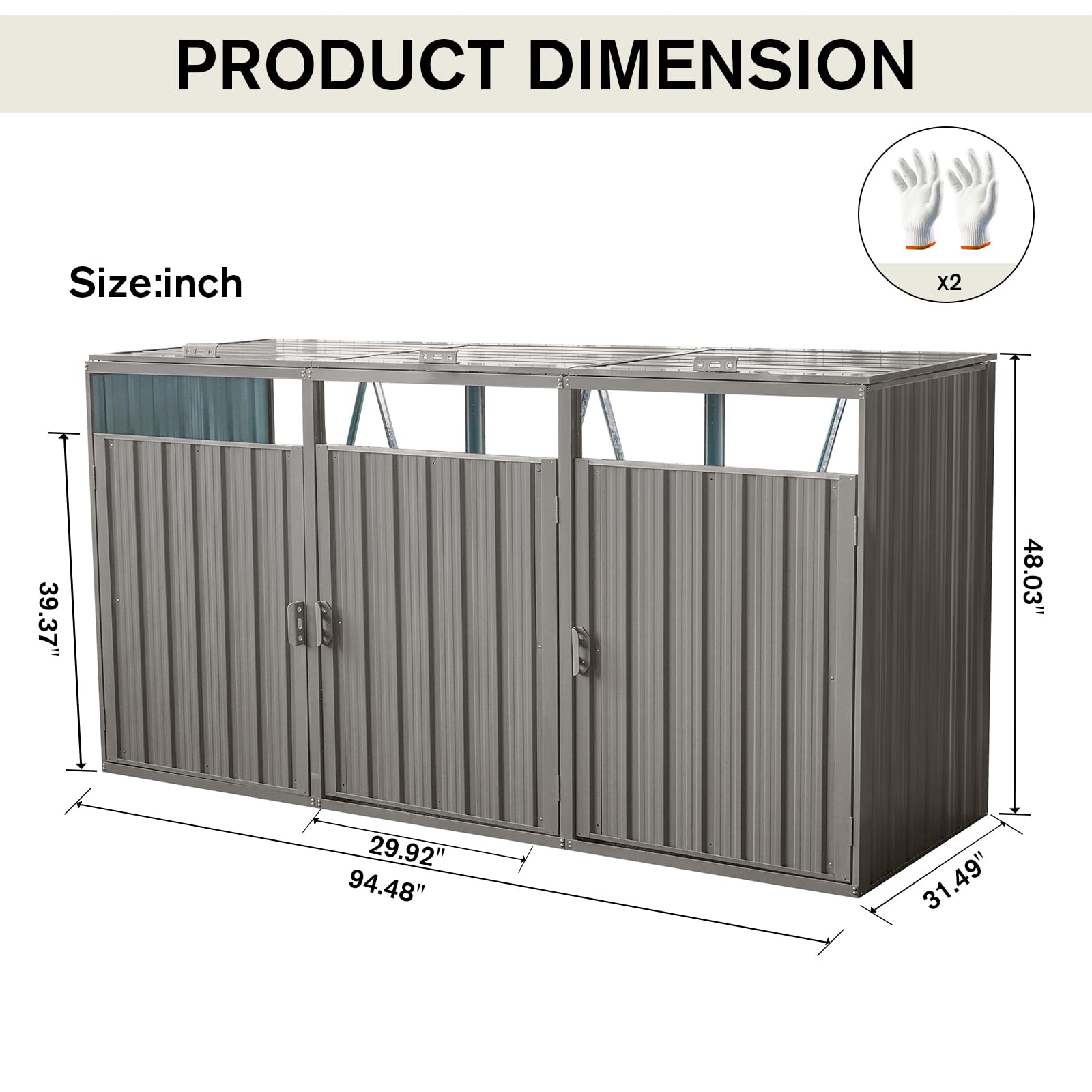 Outdoor Trash Can Storage 3 Bins,Garbage Bin Storage Shed with Waterproof Metal,Suitable for Garden Yard(Light Grey-3 Doors)