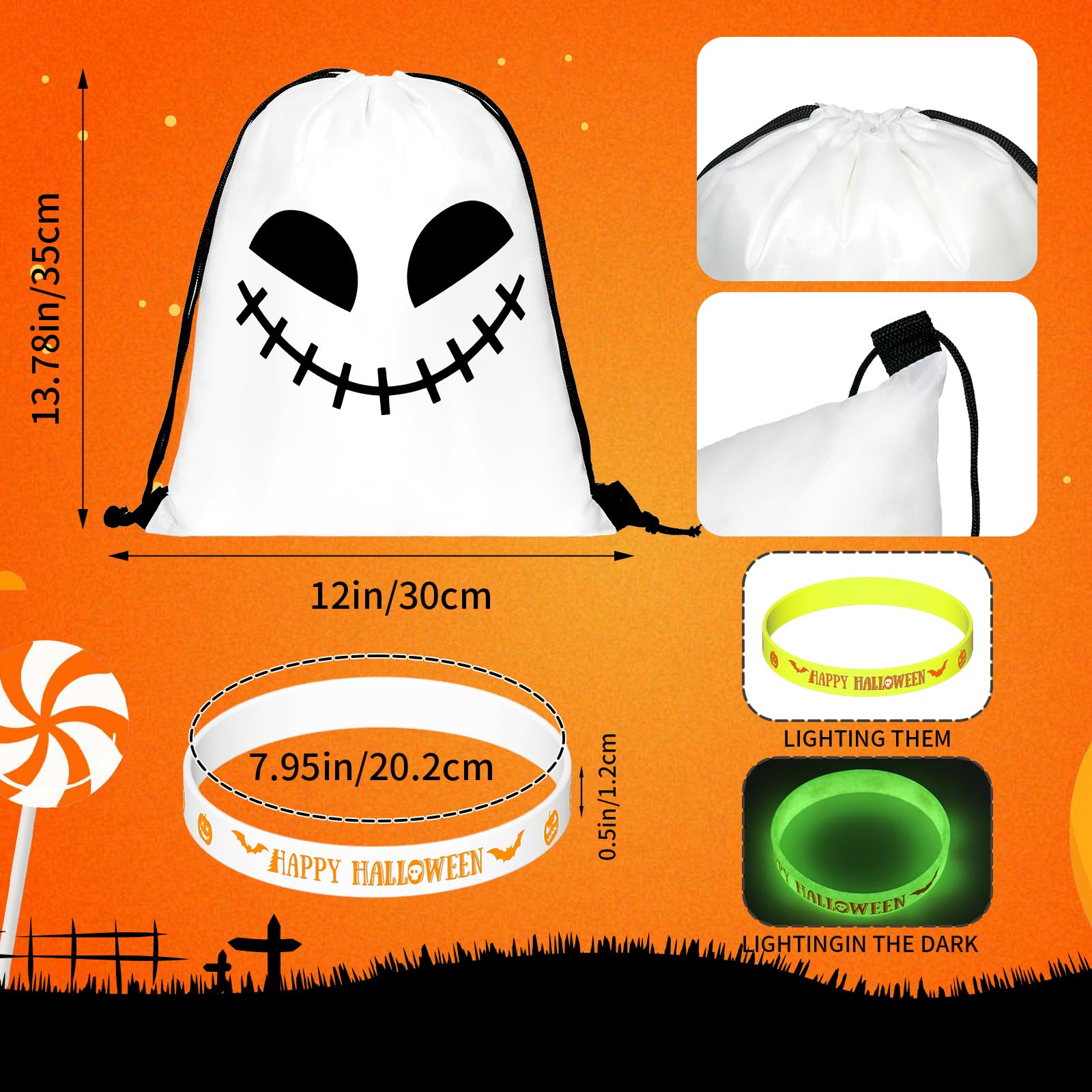 32 Pcs Halloween Treat Bags Set with 16Pcs Halloween Glow in The Dark Ghost Trick or Treat Bag for Ghost Candy Drawstring Backpack Bags and 16Pcs Halloween Glow Silicone Bracelets for Party Supplies