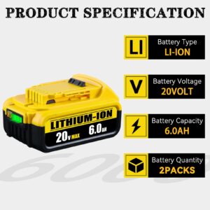 DCB200 6.0Ah 2Pack Battery Replacement for Dewalt 20V Max Battery Lithium Ion Compatible with Dewalt Battery DCB204 DCB206 DCB201 DCB203 DCD DCF DCG Series Cordless Power Tools