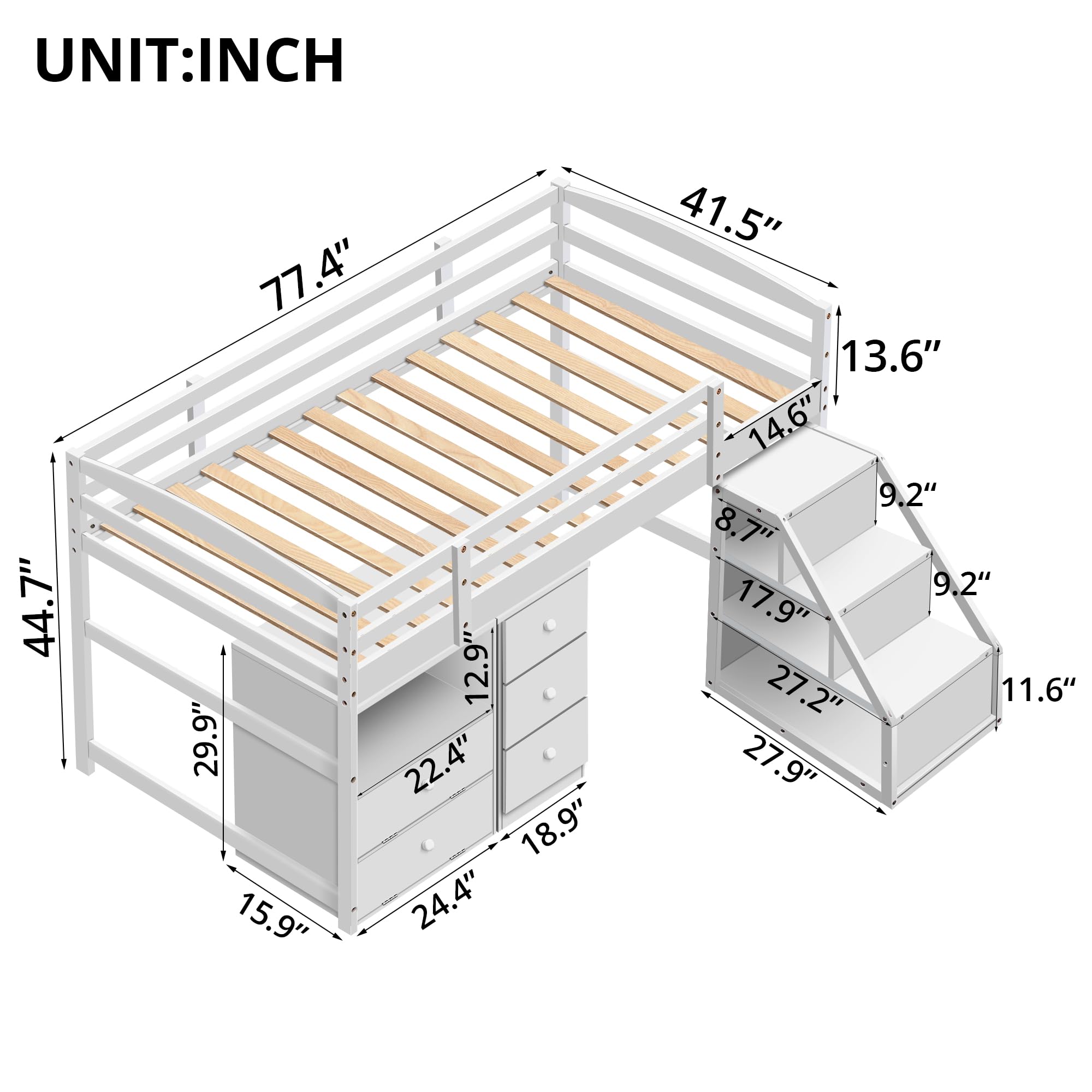 TURRIDU Low Loft Bed with Pullable Storage Staircase and 2 Cabinet, Wooden Stairway Loft Bed with Drawers and Shelves, Twin Size Bed Frame for Girls, Boys, Teens, No Box Spring Needed