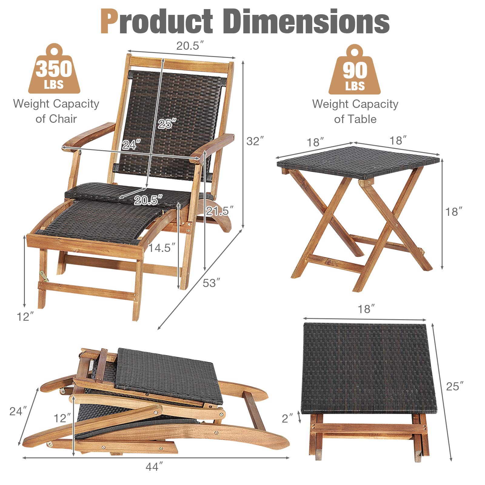 HAPPYGRILL Patio Lounge Chair Set of 3, Outdoor Acacia Wood Rattan Wicker Chaise Lounge w/Side Table, Deck Chair w/Armrest & Retractable Ottoman, for Backyard, Poolside