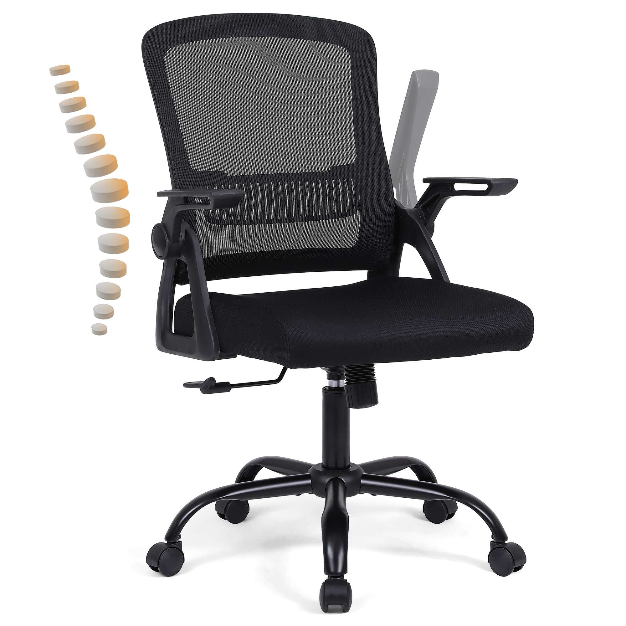 Ermnois Office Chair, Ergonomic Desk Chair with Lumbar Support, Breathable Mesh Chair with Flip-up Armrests and Mid Back, Comfy Task Computer Height Adjustable Swivel Chair (1, Black)