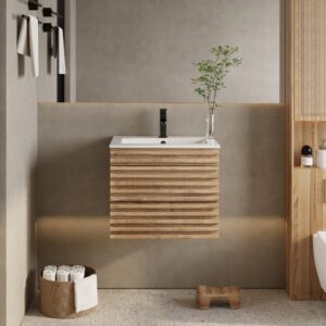 eclife 24" floating bathroom vanity with sink combo mid-century wall mounted cabinet set with wood stripes, drawers, undermount sink & faucet, light walnut