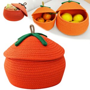 halloween pumpkin basket with lid, woven candy basket fall decorative storage candy bowl, orange woven rope basket, trick or treat bucket for caddy snacks organizer home office decor (l)